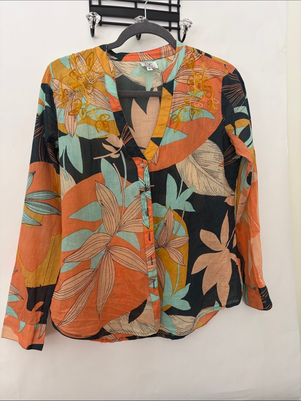 Chic Connection Tropical Embroidered Boho Cotton Blouse Top M